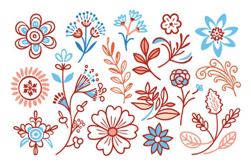 Set of boho simple geometric branch and flowers. Botanic design elements in wavy and vintage style. Leaves and branches print for logo, social media or packaging and greeting card. Vector illustration