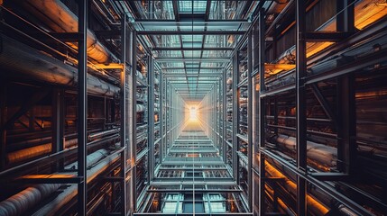 Obraz premium Industrial Architecture Interior Metal Structure Design Modern Building Pipes Steel Framework Futuristic Urban Highrise Complex Engineering Technology Advanced Construction Grid Pattern Light Beams 