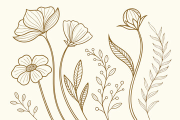 Set of boho simple geometric branch and flowers. Botanic design elements in wavy and vintage style. Leaves and branches print for logo, social media or packaging and greeting card. Vector illustration