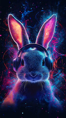 rabbit wearing headphones enjoying music flow feeling emotions in vibrant color vibes colorful dynamic sound waves and abstract digital light effects covering her hair on black back