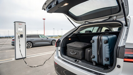 Obraz premium Trunk of an electric car filled with travel bags. ready for vacation - charging setup in the background.