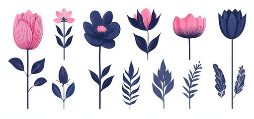 Navy blue and coral pink colors bring to life a set of hand-drawn botanical doodles, complete with abstract flowers, leaves, branches, swirls, and curls, ideal for modern decorative plant designs