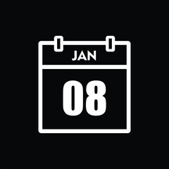 calender icon, 08 january icon with black background