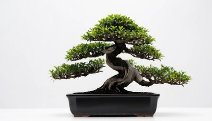 Isolated Japanese bonsai tree, a miniature art from nature, in a pot on a white background