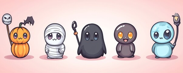 The kawaii style is applied to spooky Halloween characters, resulting in cute versions of a mummy ghost in bandages, carved jack-o-lantern pumpkins with fun expressions, and a hooded grim reaper in