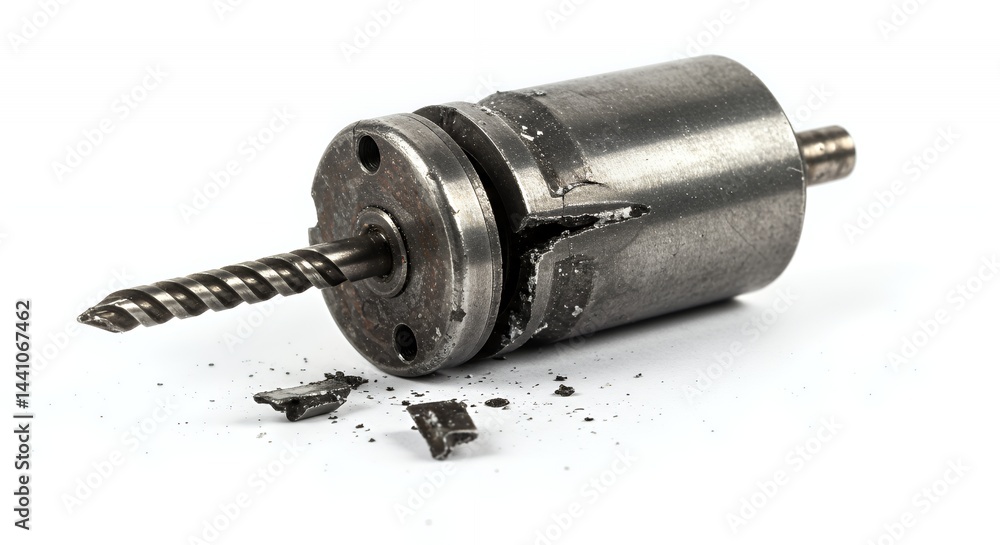 Poster busted power drill motor broken on white displaying cessation of mechanical precision and unfulfille