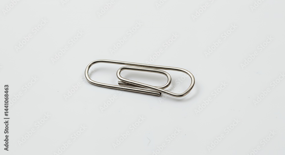 Poster close up of a mangled silver paperclip isolated on white background emphasizing detail symbolizing s