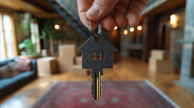 An image of a man holding a houseshaped keychain key with a new apartment with boxes and stairs in the background Perfectly conveys the concept of buying or renting a home - Powered by Adobe
