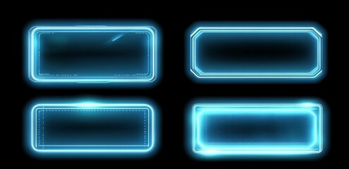 Cyberpunk game interfaces and dashboards feature rectangular elements, geometric shapes, and hi-tech screens that display lines and squares, all illuminated by a futuristic neon blue glow