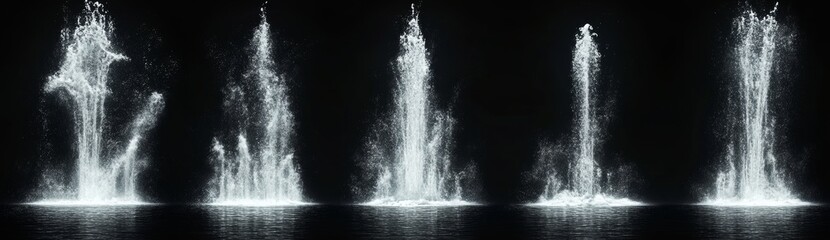 Fototapeta premium Realistic 3D waterfall cascades are showcased in a set that includes various water streams, falling jets with fog, white liquid fountains, and flowing cataracts with splashes and smoke