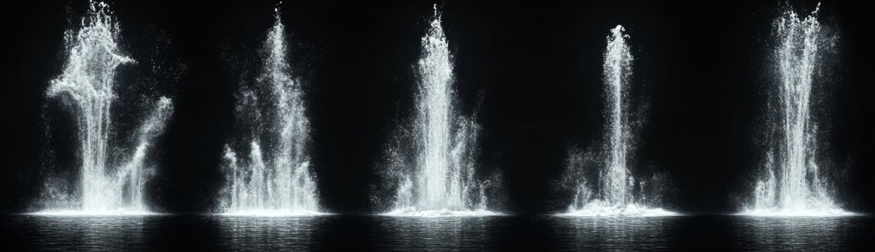 Realistic 3D waterfall cascades are showcased in a set that includes various water streams, falling jets with fog, white liquid fountains, and flowing cataracts with splashes and smoke