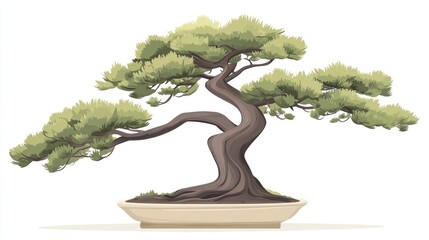Ancient Bonsai Tree in Pot, White Background, Zen Garden