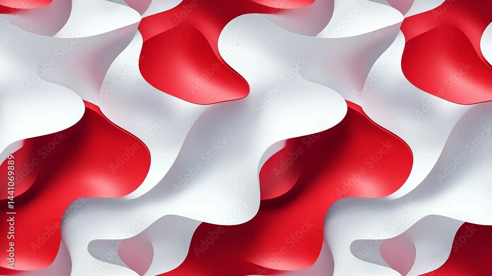 Poster animated fluid motion of red and white glossy waves in a hypnotic abstract loop.