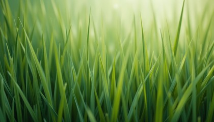 Obraz premium Close up of fresh green grass blades illuminated by sunlight in a blurry background outdoors scene