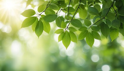 A close up shot of vibrant green leaves on branches with a blurred background and sunlight shining through
