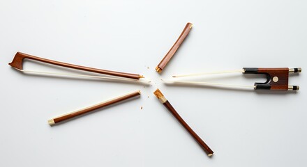 Cracked Cello Bow Fragments Displayed on White Surface Showcasing Wood Grain Texture and Artistic Imperfection with Potential for Reuse and Repair Emphasizing Musical Instrument Damage