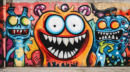 graffiti on wall cartoon design funny face and alien things