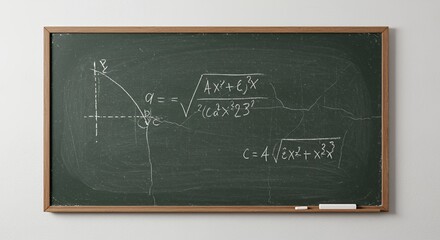 Fototapeta premium Cracked Chalkboard with Mathematical Equation Against White Wall in Detailed Textured Close Up View Representing Imperfection and Educational Challenges in Earth Day Concept