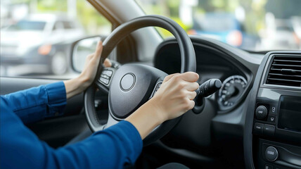 firstperson view hands on modern car steering wheel relaxing pose hands driving on highway other vehicles on road sunny day sharp focus on hands