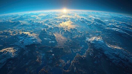 Earth view from space with clouds and sunrise or sunset light.