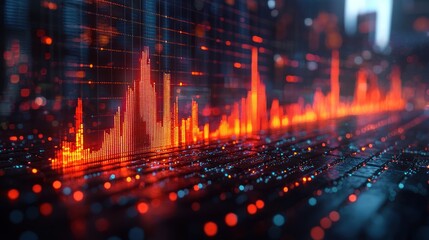 Abstract digital artwork displaying glowing red peaks and lines against a dark background.