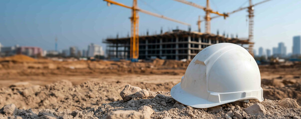 Back view of a white hard hat in the ground big construction building with cranes in background sharp focus on hat copy space