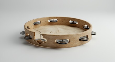 Cracked Tambourine Isolated with Torn Skin and Silenced Jingles on White Background in Studio Setting Showing Faded Carnivals Somber Aftermath with High Details