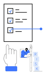 Checklist with completed tasks, hand gesture pointing upward, and man measuring risk blocks. Ideal for productivity, project management, strategy, quality control, risk analysis, decision-making