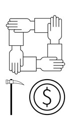Interlocked hands symbolizing teamwork, hammer representing labor, and coin indicating value. Ideal for business, finance, collaboration, unity, hard work, investment themes simple landing page