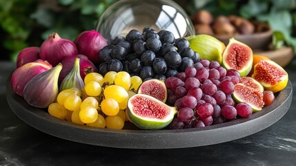 A vibrant assortment of fresh fruits including clusters of grapes and halved figs perfect for