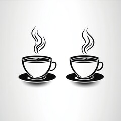 Obraz premium Two black silhouette coffee cups steaming on white background. Possible use Stock photo for coffee shops, cafe, restaurant, or beverage company