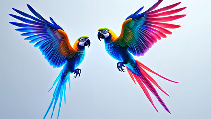 Fototapeta premium Two colorful parrots with vibrant blue, green, orange, and pink feathers flying against light background, showcasing dynamic motion and vivid