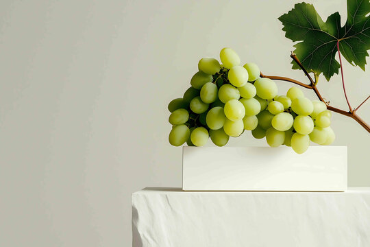 A minimalist product display with green grapes and branches arranged on a soft pastel background The focus is on the grapes shape and texture set against a clean backdrop to highlig