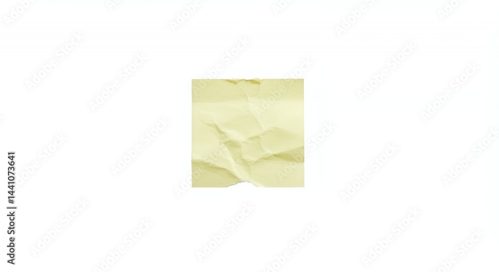 Poster crumpled torn yellow sticky note with indecipherable message floating on a white isolated background
