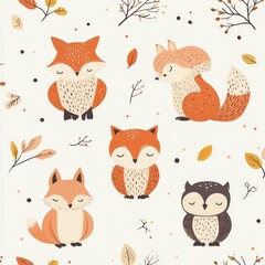 Autumn Foxes and Owl Pattern, Woodland Animals, Fall Design, Fabric Print
