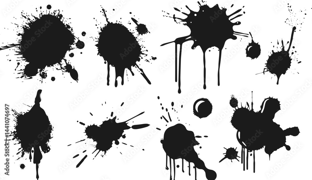 Poster collection of abstract ink splatters and blobs in various shapes and sizes, black on white backdrop.