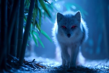 Fox Walking Through Bamboo Forest at Night with Glowing Red Eyes