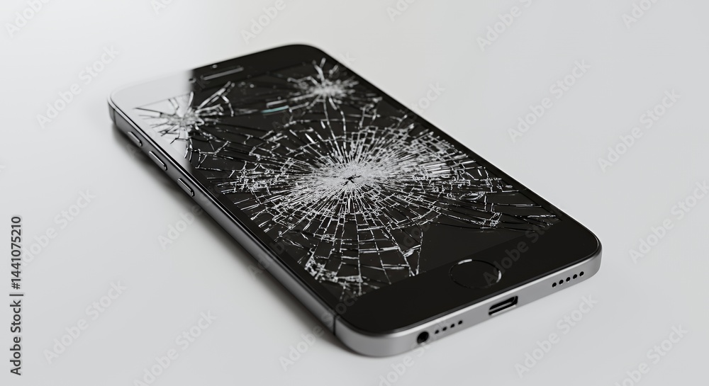 Poster damaged silver smartphone with shattered display on isolated white background representing device fa