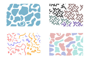 Set of retro 80s, 90s colorful vector seamless patterns backgrounds. Doodle fun kid childish cute hand drawn design useful for fabric, textile, cover, banner, label, print, wrapping, wallpaper.
