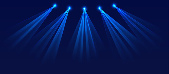 Fototapeta premium Blue lasers background., glowing rays or neon beams on the stage, bright futuristic backdrop. Concert or nightclub spotlights. Vector illustration.