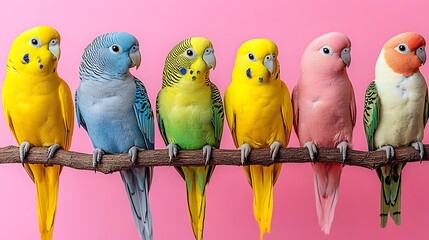 Vibrant colorful budgies perched on a branch against a pink backdrop.