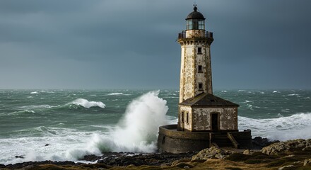 Naklejka premium Decaying Lighthouse Overlooking a Stormy Sea with Crashing Waves in Cloudy Weather