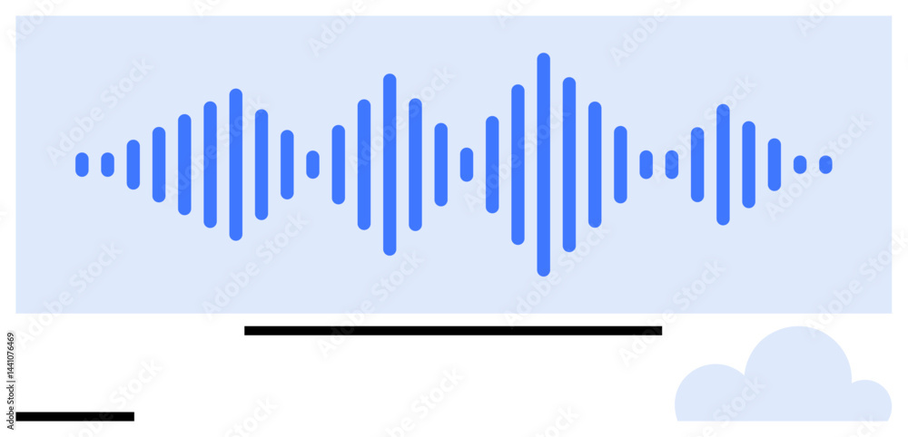 Poster blue soundwave pattern with rectangular background, small cloud element, and horizontal lines. ideal