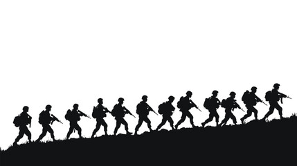 Obraz premium Silhouette of soldiers walking, symbolizing military strength and teamwork in challenging times.