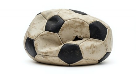 Deflated Soccer Ball Punctured and Damaged on a White Screen Background Symbolizing Missed Opportunities Abandonment and the End of the Game