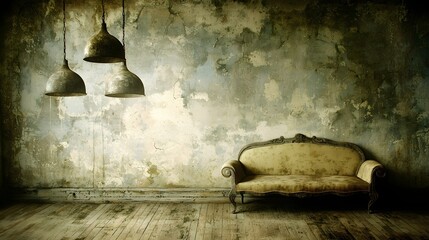 Vintage Sofa in a Dimly Lit, Weathered Interior with Exposed Brick Walls and Hanging Lights