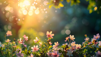 A field of pink and white flowers with a bright light shining in the background creating a bokeh effect