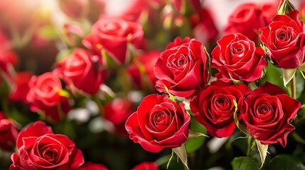 Closeup of Lush Red Roses Blooming in a Vibrant Garden Setting with Soft Natural Light