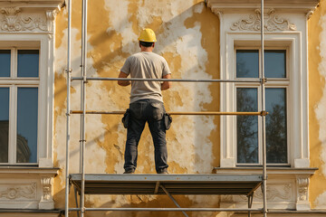 A man in a yellow hard hat is working on a building