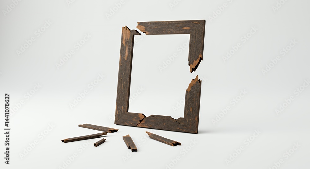 Poster detached broken wooden picture frame isolated on white expressing sense of missing connection damage